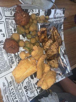 Blackened mahi-mahi, Fried Cod, Okra & Hushpuppies oh yeah!