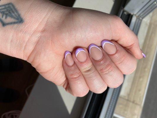 Thin French tip with a matte base. Nude acrylic powder. Done by Linh