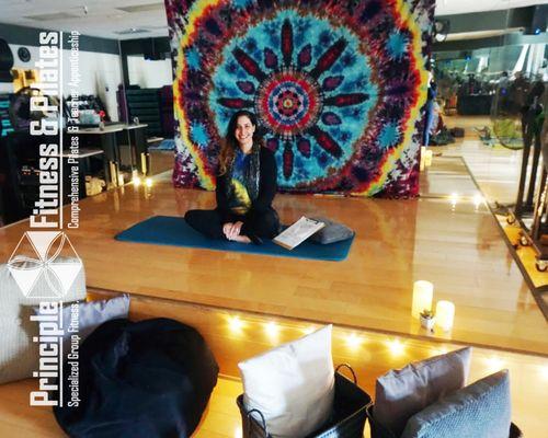 Hila Kedem Ferguson leading Guided Meditation at Principle-Fitness & Pilates.