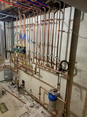 Manifold water system includes filter and heating system