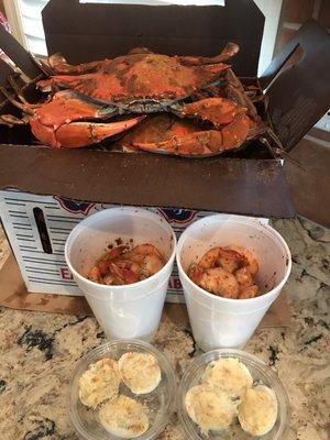 "Classy" crabs, fresh steamed gulf shrimp and Crabby eggs!!! Best Father's Day feast EVER!!!   Thank you Joe and Jeannie!