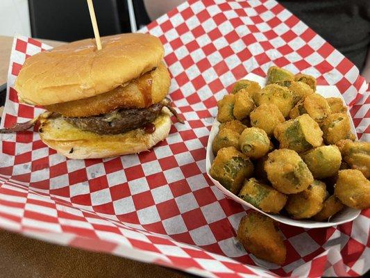 Whiskey burger and fried okra