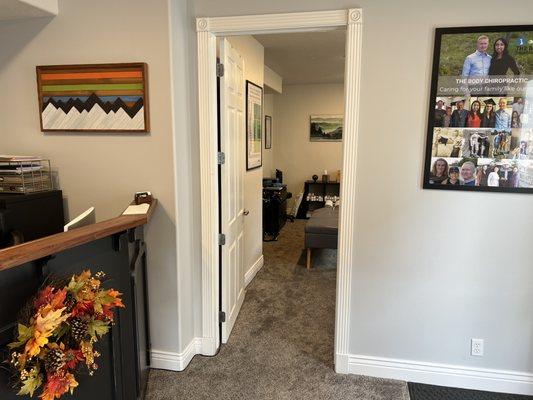 The front desk and reception area of The Body Chiro (the business Butler Chiropractic is located inside of)