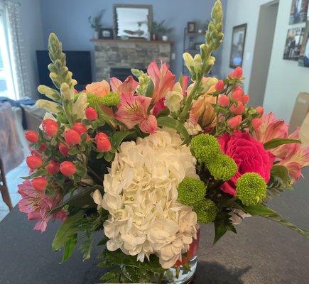 Bright pinks, limey green and hydrangeas!