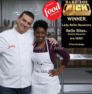 Charlette with Buddy on Food Network's "Bake You Rich" Episode 2.  Charlette's winning recipe Lemon Poppy Belle Bites (Amiens Macarons)!