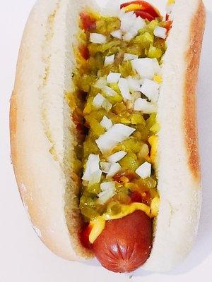 Classic Style Hotdog. Mustard, ketchup, relish, onions