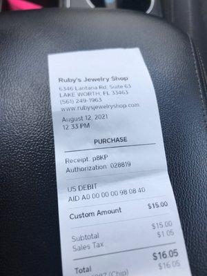 Receipt to repair gold bracelet