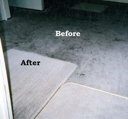 Before and After cleaning. Lots of spilled soda and juice on white carpet.