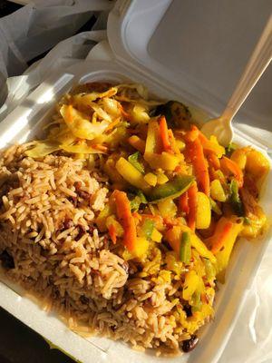 Shrimp Curry, Entree, Rice and Peas, Cabbage,Plaintains