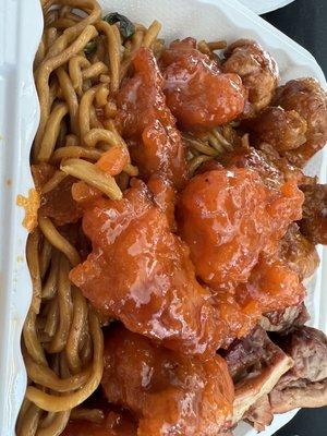 Lo mein, orange chicken, honey chicken, and bourbon chicken.