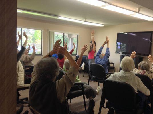 Teaching chair yoga at Redwood Villa Retirement. The room gets packed. Love making a difference & hearing they feel better in their bodies!