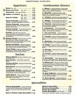 Menu - Appetizers, nachos, combinations, and quesadillas