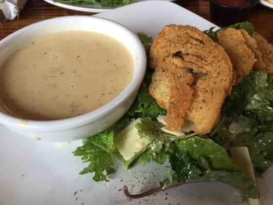 Clam chowder and kale salad with a lemon anchovy vinaigrette