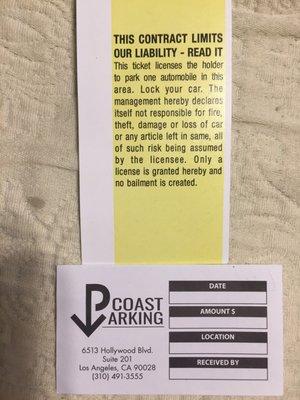 License to park ticket and contact information for this fraudulent company.