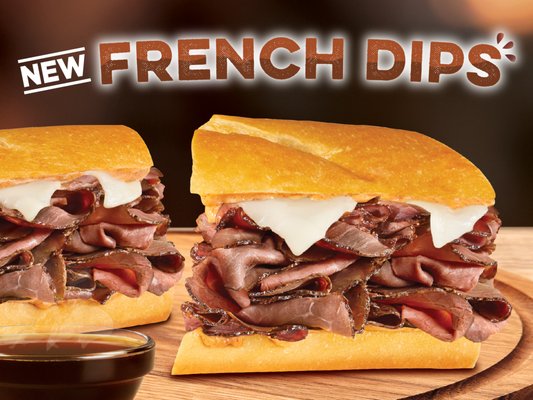 Order our New French Dips, featuring 1/4 lb hot roast beef or hot pastrami, melted provolone cheese, chipotle mayo and a side of hot au jus