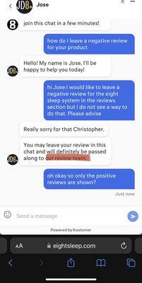 Eight sleep admitting that they only allow positive reviews to be posted