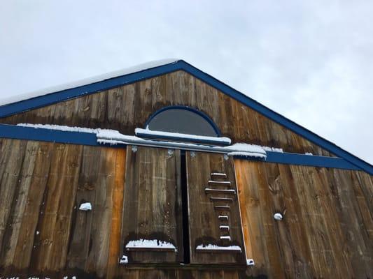 Winter 2016 scenes at Someday Farm.  Hay loft doors on horse barn.