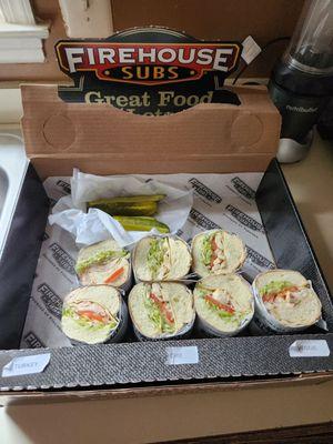 Preordered subs w/pickles,condiments plates,napkins 4 mothers day birthday celebration. Order firehouse subs for your parties!