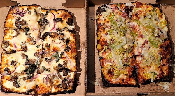 FUN GUY (l) w/wild fungi, red onion, feta, truffle honey; SYLVESTER STALLONE (r) w/salami, capicola, peppers, lettuce, oil & vinegar.