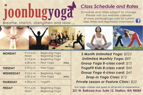 Joonbug Yoga Summer 2012 Schedule and Rates.