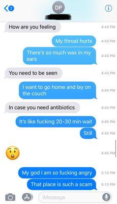 Timestamped texts with my fiancé while I was at the urgent care.