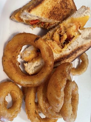 Lobster grilled cheese with onion rings