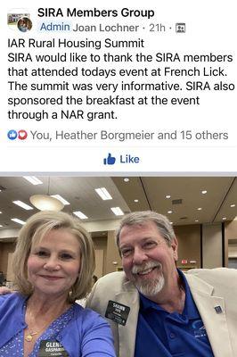 SIRA CEO Glenda Gasparine & Board President Shawn Faye attend the Summit in French Lick,In