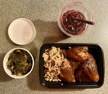 Guava barbecue bird with rice and beans, coconut milk braised collards and sorrel juice