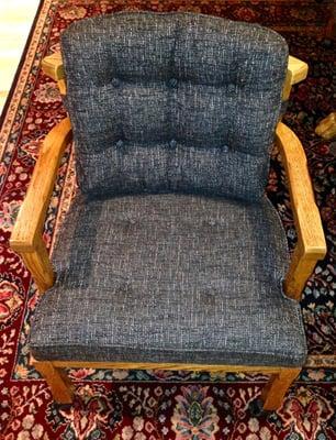 One of 6 chairs reupholstered for us by Taylor Made Upholstery, LLC in Boise.
  Fine job!