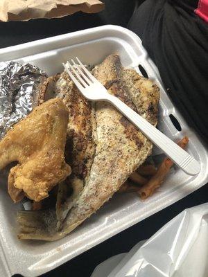 Lemon pepper chicken wing with a SLAB of grilled & butterflied croaker.