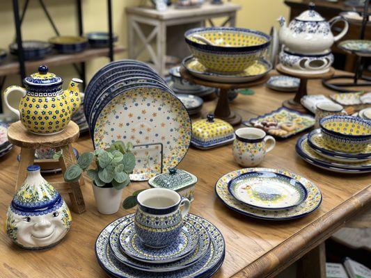 Polish Pottery place settings, teapots, dinner plates, and more