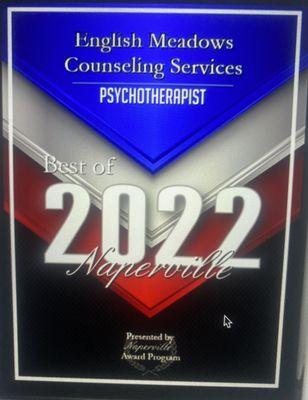 English Meadows Counseling Services won the Naperville Best of 2022 award in the category of psychotherapist.