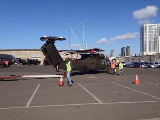 US Army UH-60 Blackhawk helicopters being prepared for delivery to Hawaii.