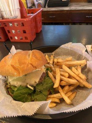 Daily special $7 cheeseburger and fries. I had pepper Jack cheese and paid extra for lettuce and tomato