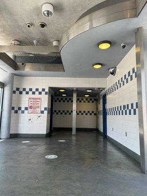 View towards on site restrooms reserved for bus drivers and other transportation employees.