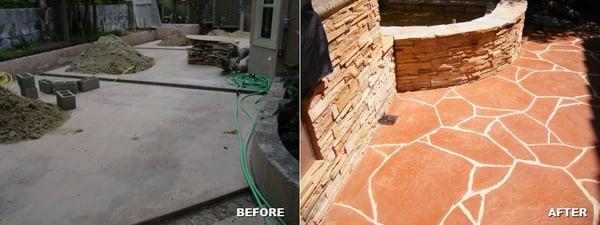 Stenciled Flagstone Texture Coating application over an old concrete slab.