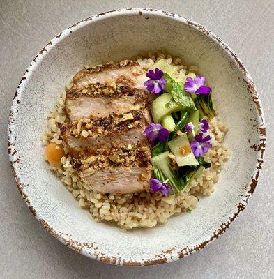 Grilled Pork Chops marinated in lemongrass, sprouted jasmine rice, wok fried bok choy