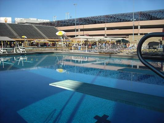 View of the aquatic center from a corner of the diving well