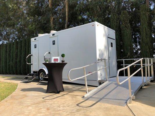 2 stall luxury restroom trailer with 1 ADA (bridal suite) location: Visalia Ca  outdoor wedding