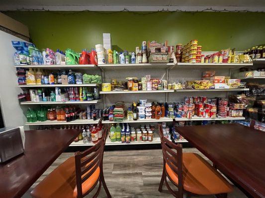 Shelves with packaged food for sale