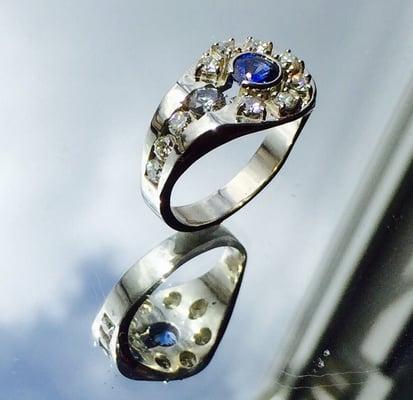 14 karat white gold with 2/3 carat Ceylon blue sapphire and Diamonds