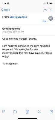 Gym finally reopened 3/16/19 closed for over a month.