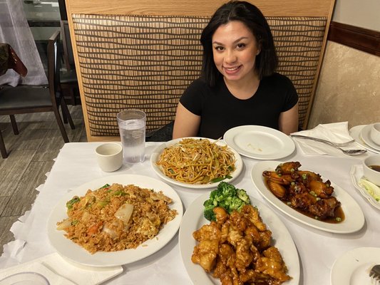 Pork Fried Rice, Shrimp Lo Mein, Spicy Chicken Wings, and General Tso's Chicken