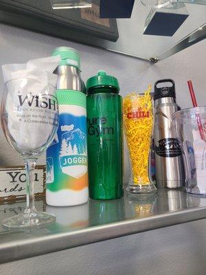 Wineglasses, tumblers, water bottles & other drinkware available.