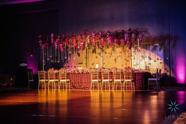 Romantic head table done in plum and pinks/purples, with loads of candles.