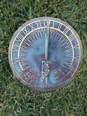 Father Time Garden Sundial. Polished brass with verdigris finish, 11.5" diameter. Beautiful!