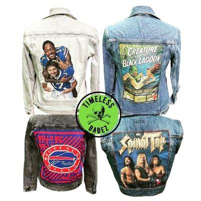 Custome denim jackets, we make the patches and use vintage fabrics, like this 90s Licensed Buffalo Patch.