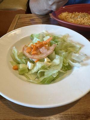 The saddest side salad I've ever seen. What's going on with the color of that tomato?