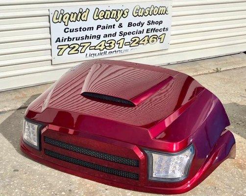 Custom painted candy red Madjax Alpha golf cart body by Liquid Lenny's Customs