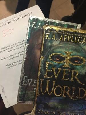 K.A. Applegate signing tonight! Her series Everworld was everything to me when I was younger!